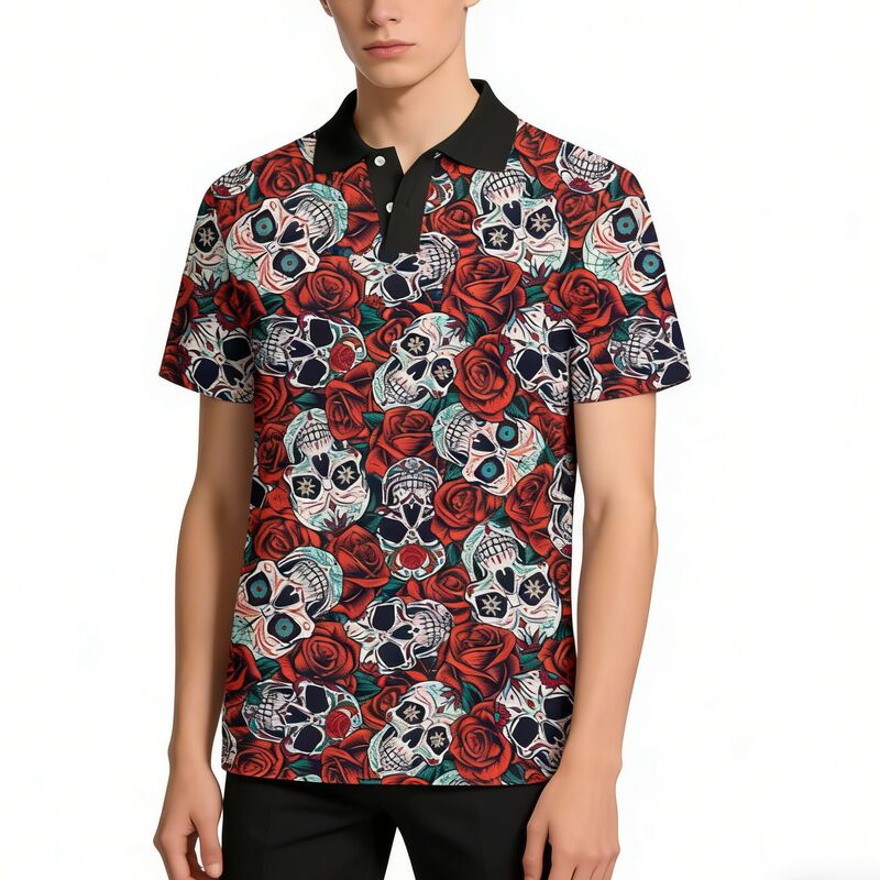 Cross-Border Aliexpress Amazon Summer 3D Printed Rose Skull Print Men's Casual Polo Shirt