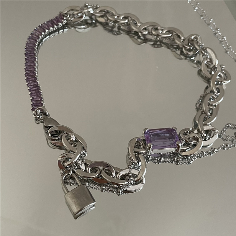 Punk Style Purple Zircon Titanium Steel Chain Stitching Necklace Tassel Clavicle Chain display picture 7