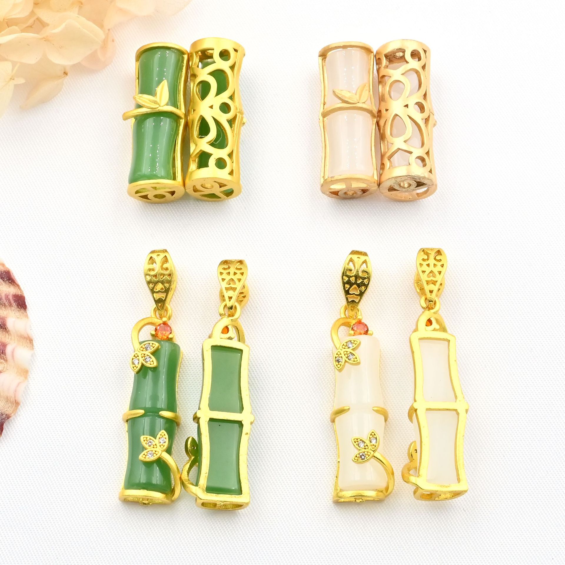 古风竹节微镶锆石古法金合成石小众设计感节节高中式雅竹穿孔配件