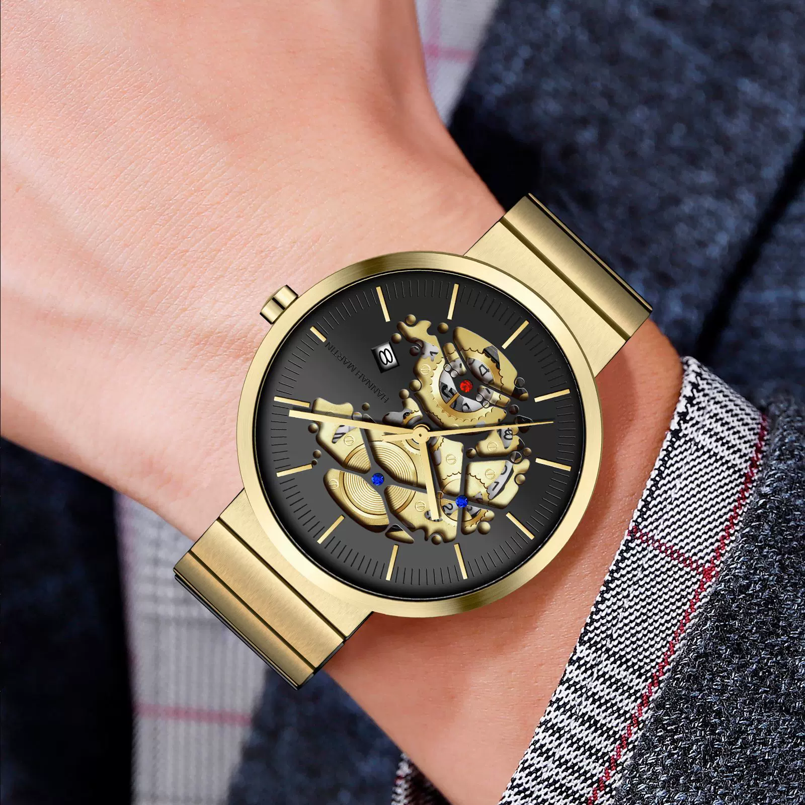 跨境电商非全自动机械镂空手表 欧美时尚精钢带手表防水腕表男款