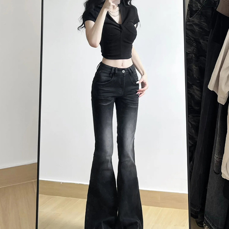2026 American-Style Black Gradient Washed Micro-Flare Jeans for Women, Slim Fit Bootcut Pants, Summer Thin Low-Waist Washed Version