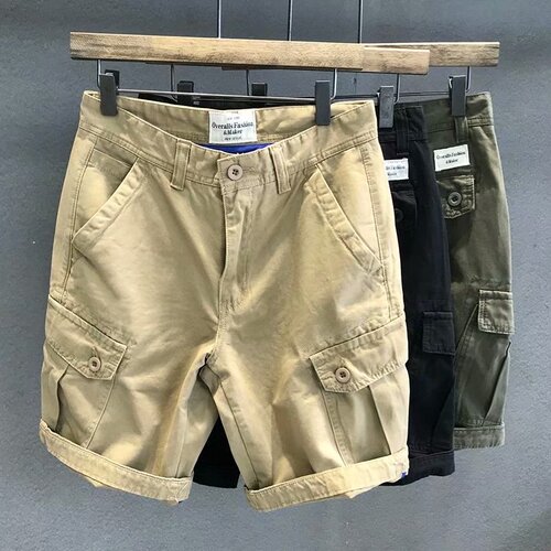 Khaki multi-pocket trendy brand casual workwear shorts men's summer five-inch pants black loose straight-leg mid-length pants