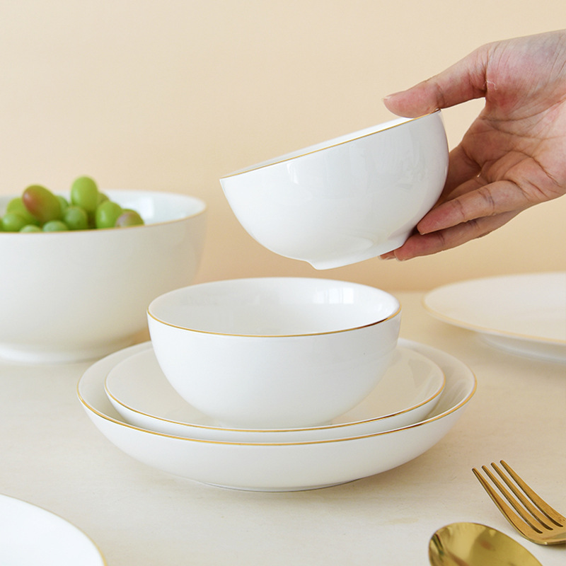 Conjunto de cubiertos de cerámica para 4 personas para el hogar de alta calidad simple relieve platos de arroz platos de arroz platos de alta temperatura platos