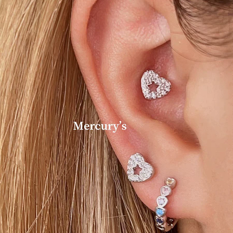 Mercurys полные бриллиантовые любовь полое звезда ушная косточка гвозь ниша дизайн ушной гвозь мини ушной гнездо гвозь пятиконечная звезда