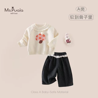 【MsPuala】秋冬新款婴幼儿A类女童装套装针织衫加绒波点裤两件套