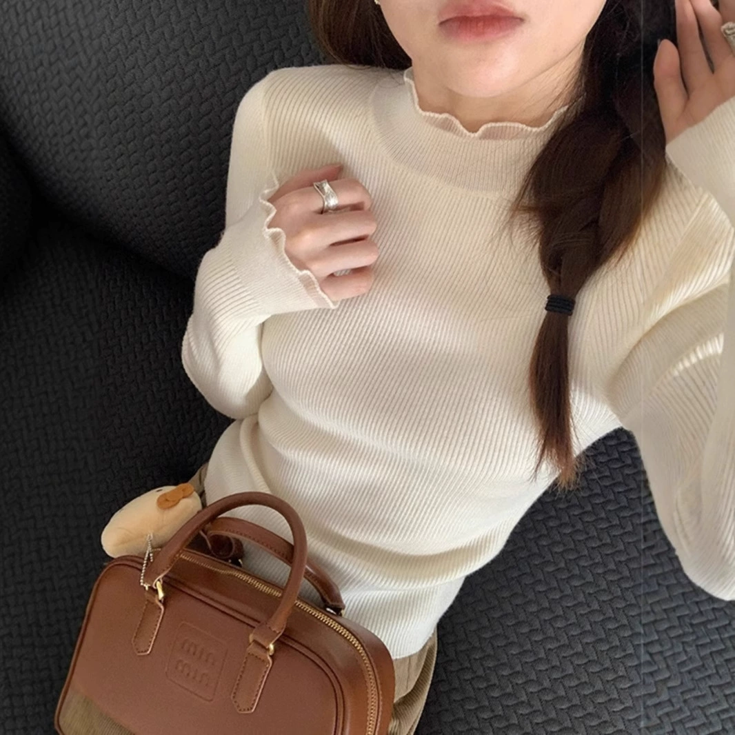 Белый деревянный ухо с полувысоким воротником с воротником внутри нижней рубашки женский осенний и зимний узкий свитер с длинными рукавами трикотажный топ