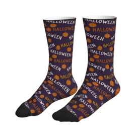 POD 印花跨境爆款专供紫橙撞色 HALLOWEEN 文字南瓜插画中筒袜