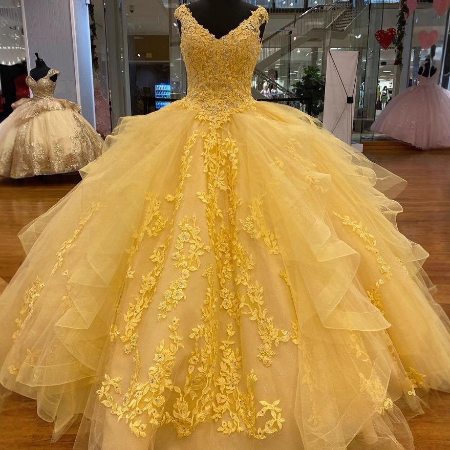 Colorful Yarn Evening Dress European and American Aliexpress Tutu Skirt Double Shoulder V Neck Off-Shoulder Princess Dress Yellow Prom Party Dress
