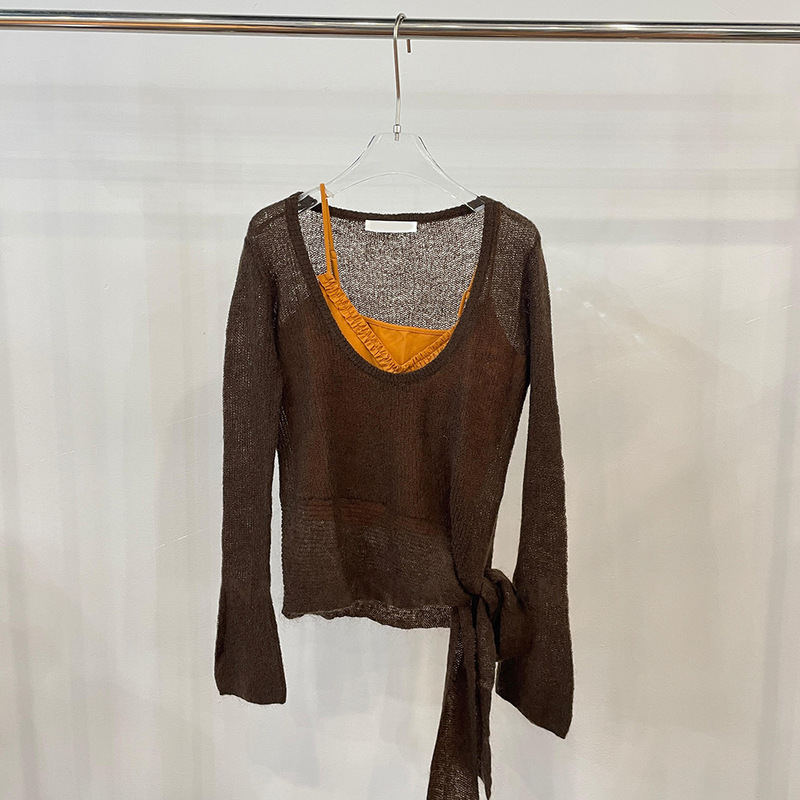 2025 Autumn New Low-Neck Thin Imported Mohair Bell Sleeve Knitwear Two-Piece Set with Knotted Casual Top