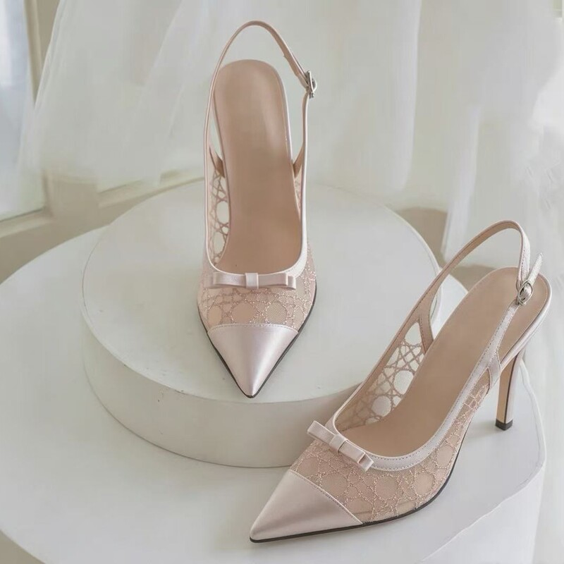 Korean-style champagne gold shimmering mesh patchwork pointed-toe bow high-heeled sandals, high heels, open-toe shoes Korean-style champagne gold shimmering mesh patchwork pointed-toe bow high-heeled sandals, high heels, open-toe shoes