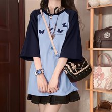 美式撞色插肩女大童短袖T恤夏季初中学生宽松半袖上衣
