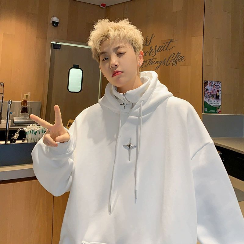 Falso de dos piezas con capucha suéter de los hombres 2023 otoño nueva marca de moda americana retro de gran tamaño media cremallera abrigo