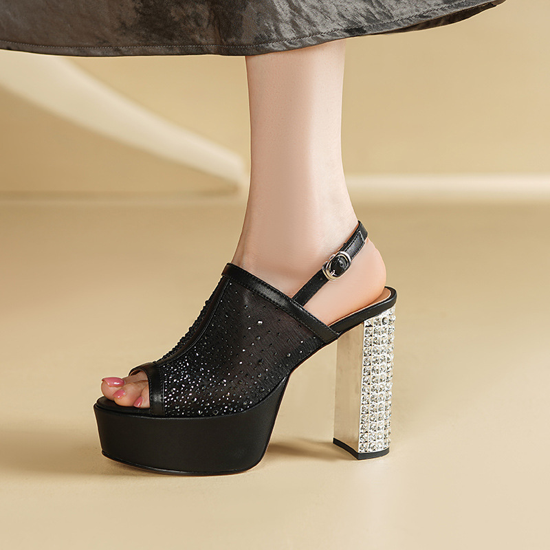 Sandal cao gót nữ đính đá lưới, đế xuồng siêu cao gót, mũi hở kiểu La Mã — đen