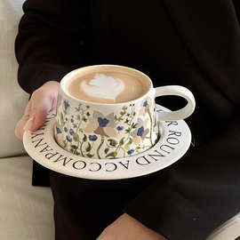 复古油画般铃兰花开咖啡杯碟手绘拿铁杯套装原创礼物陶瓷杯
