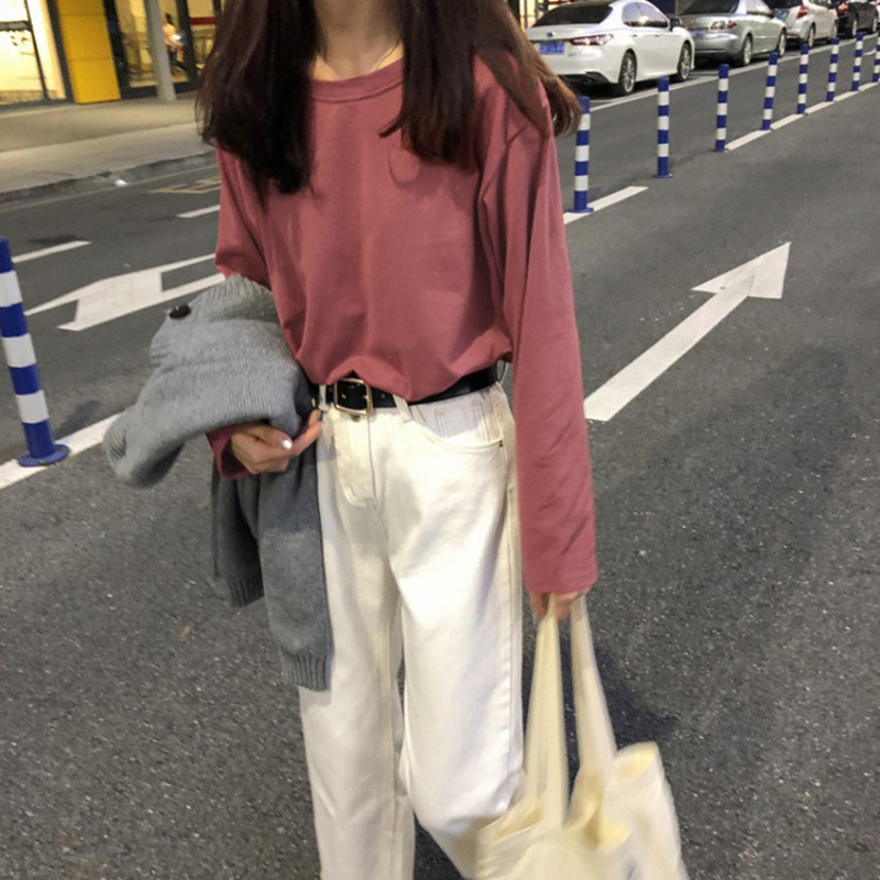 Camiseta básica blanca para mujer, estilo BM de manga larga, nueva colección de principios de otoño 2025, versión coreana, camiseta holgada negra con cuello redondo. image 14