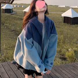 灰蓝色撞色连帽毛呢外套女秋冬新款小个子呢大衣流行韩系设计