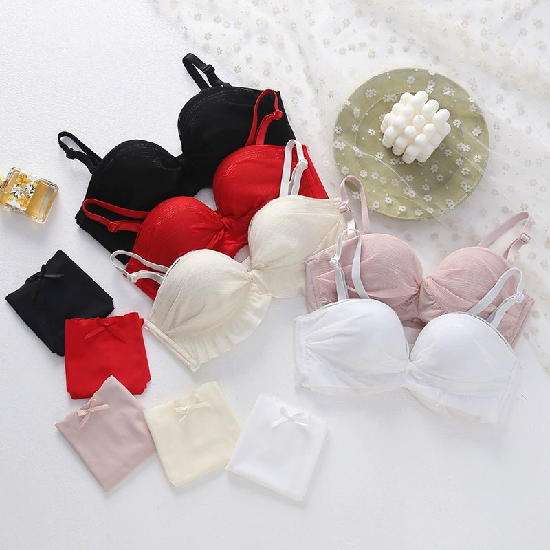 Thin supporting sexy underwear for breastfeeding with bow, set, lace wireless bra