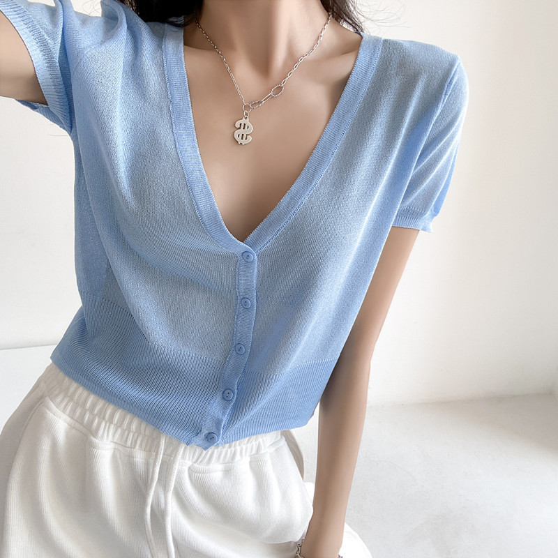 Ice Silk Knitted Cardigan Women's Summer Thin Jacket New Short-sleeved Wear Korean Style Loose Solid Color Small Air Conditioner Sun Protection Trendy