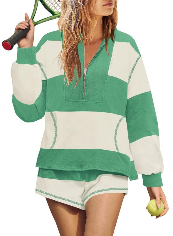 欧美亚马逊2025春秋新款女士条纹长袖超大衬短裤休闲运动服两件套|undefined