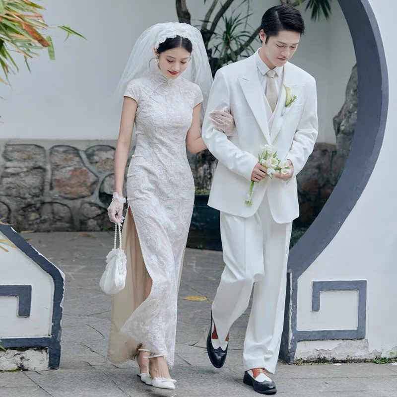 中式复古民国风轻婚纱改良旗袍裙日常可穿2024新款新娘结婚出门纱