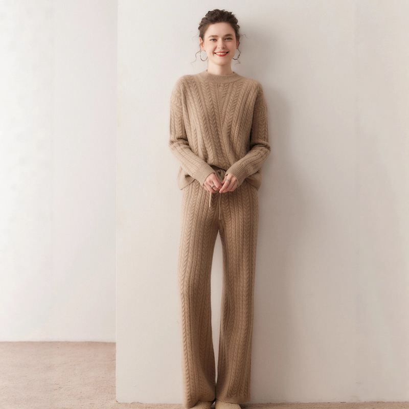 Cashmere Knitted Suit for Women in Autumn and Winter New Loose Round Neck Long-Sleeved Tops Casual Straight Pants Two-Piece Set