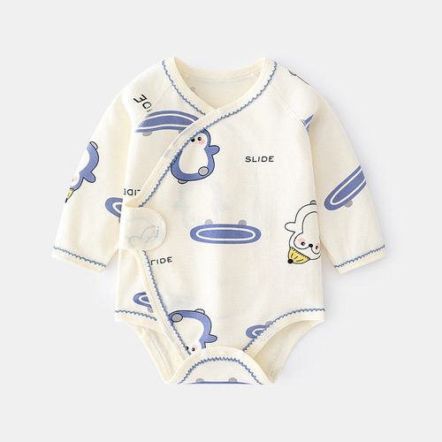Baby fart cover spring and autumn baby triangle harem pure cotton newborn long-sleeved printed jumpsuit boneless crawling suit