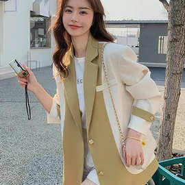 撞色拼接西装外套女2024年春秋新款韩版时尚宽松感小西服上衣