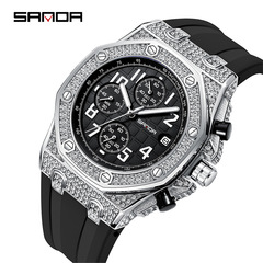 Sanda New Model 7026 Men's Diamond Dial with Calendar Three Eyes and Six Needles Men's Creative Silicone Watch Wholesale