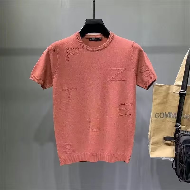 Nueva Camiseta de manga corta de seda de hielo a rayas casual ropa superior de los hombres delgados simples suéter de moda