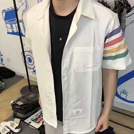 tb长袖衬衫彩虹四杠拉链气质帅气衬衣男士宽松潮牌韩版翻领外套潮
