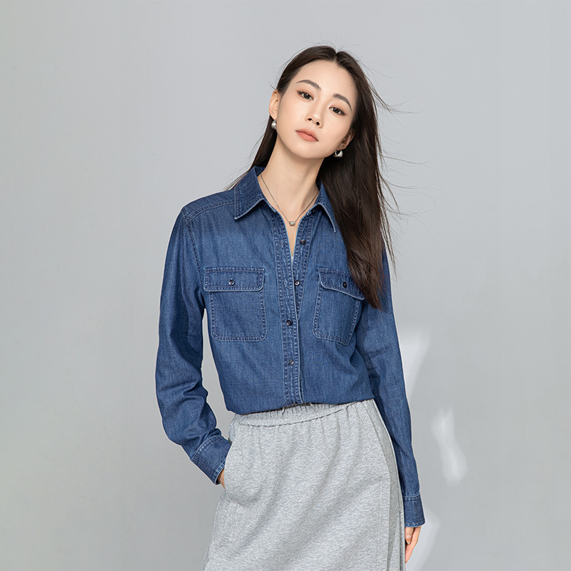 Áo sơ mi denim nữ dài tay phong cách Hàn Quốc, mặc lót hoặc mặc ngoài, tôn dáng gầy — Màu xanh lam