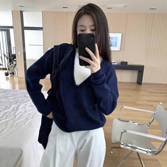 藏蓝假两件针织衫女秋冬季新款宽松高级慵懒风韩系毛衣长袖上衣
