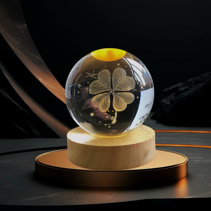 Lámpara de Noche de Cristal con Diseño de Cielo Estrellado 3D, Regalo Navideño, Base Redonda de Madera Luminosa, Lámpara de Mesa, Adorno, Regalo de Navidad