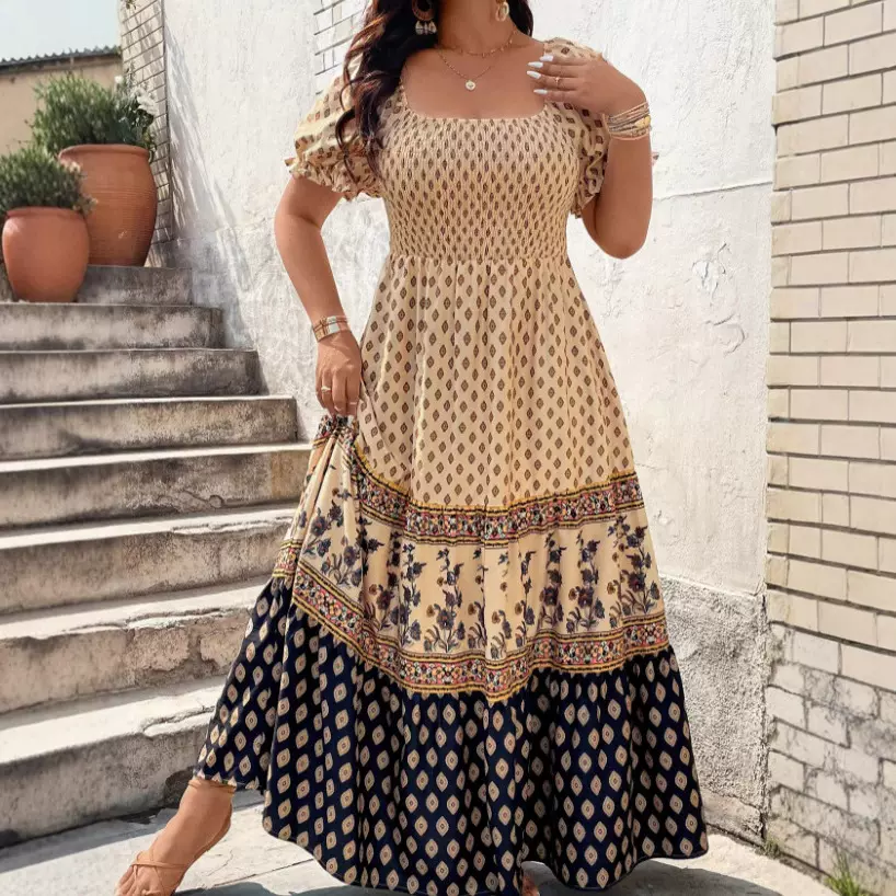 欧美跨进亚马逊定位印花波西米亚短袖打揽连衣裙TEMU大码连衣裙