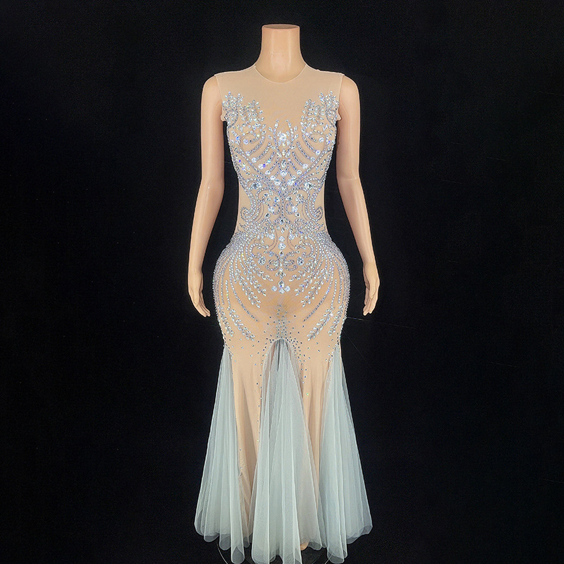 New cross-border e-commerce European and American style transparent mesh rhinestone sexy tight floating yarn long dress birthday dress New cross-border e-commerce European and American style transparent mesh rhinestone sexy tight floating yarn long dress birthday dress
