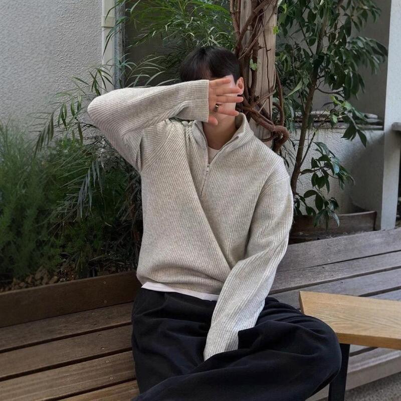 Autumn and Winter Half Zip Pullover Sweater Men's Korean Style Fashionable Handsome All-match Vertical Collar Sweater Top Solid Color Sweater