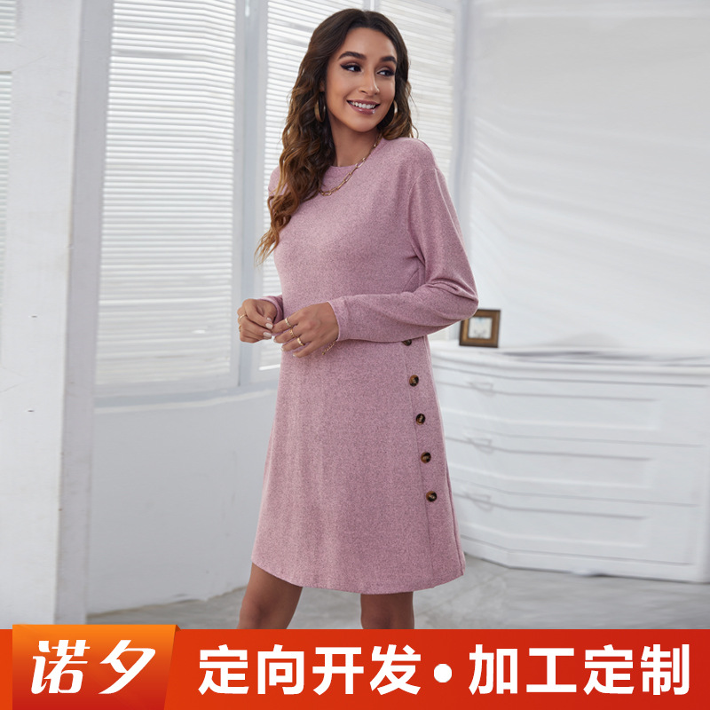 Noxi independent station Amazon 2021 Autumn/Winter new round neck women's casual simple button long-sleeve dress