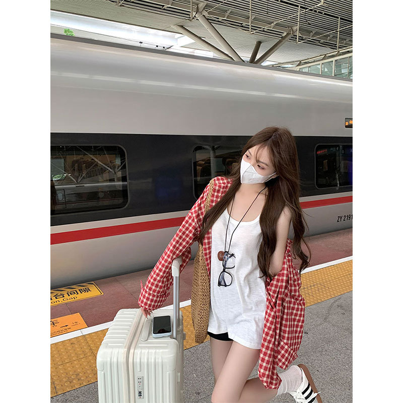 국경 간 공장 아울렛 레드 캐주얼 체크 셔츠 재킷 여자 가을 한국 느슨한 올 매치 중간 길이 셔츠