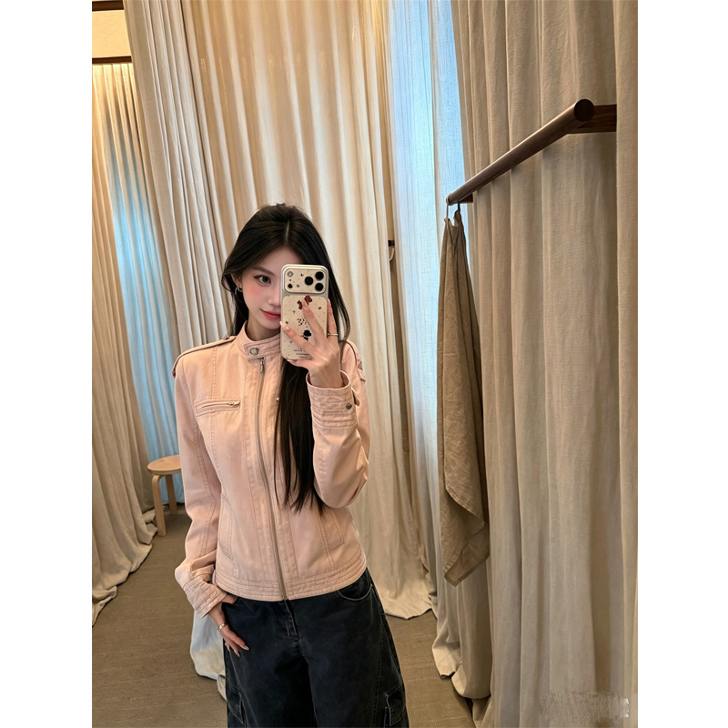 American-style pink vintage washed stand-collar short jacket for petite women, casual autumn top American-style pink vintage washed stand-collar short jacket for petite women, casual autumn top