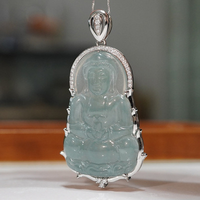 铂金PT950培育钻石翡翠观音镶嵌满钻吊坠|ms