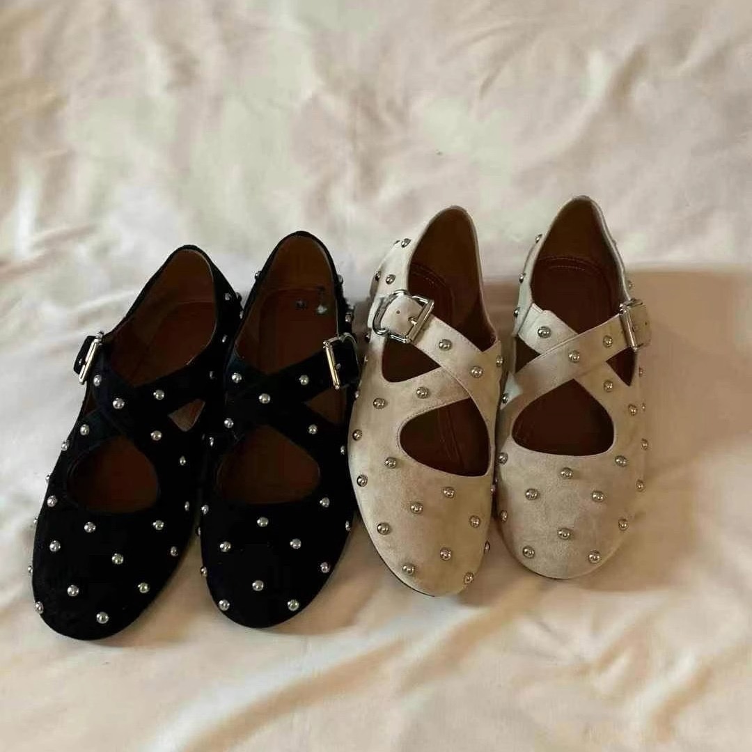 Genuine Leather Korean Style Rivet Round Toe Cross Buckle Mary Jane Shoes Women's 2025 Spring and Summer New Ballet Flat Shoes