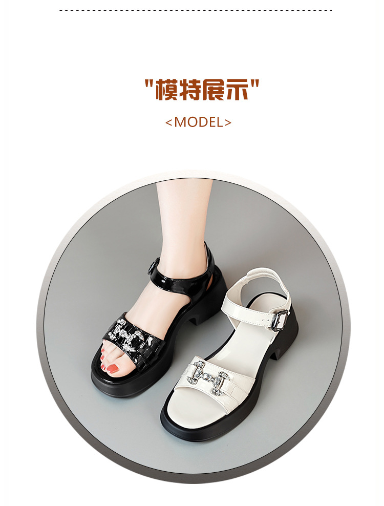 Sandal cao gót nữ da bò đế dày quai ngang đính đá — màu đen chi tiết 5