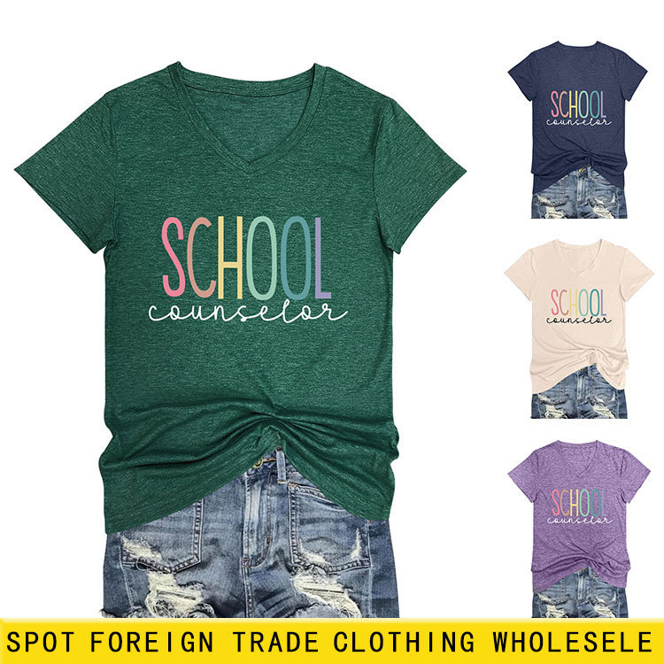 Amazon V-neck fashion ladies short sleeve school counselor cross-border trade casual T-shirt top in stock