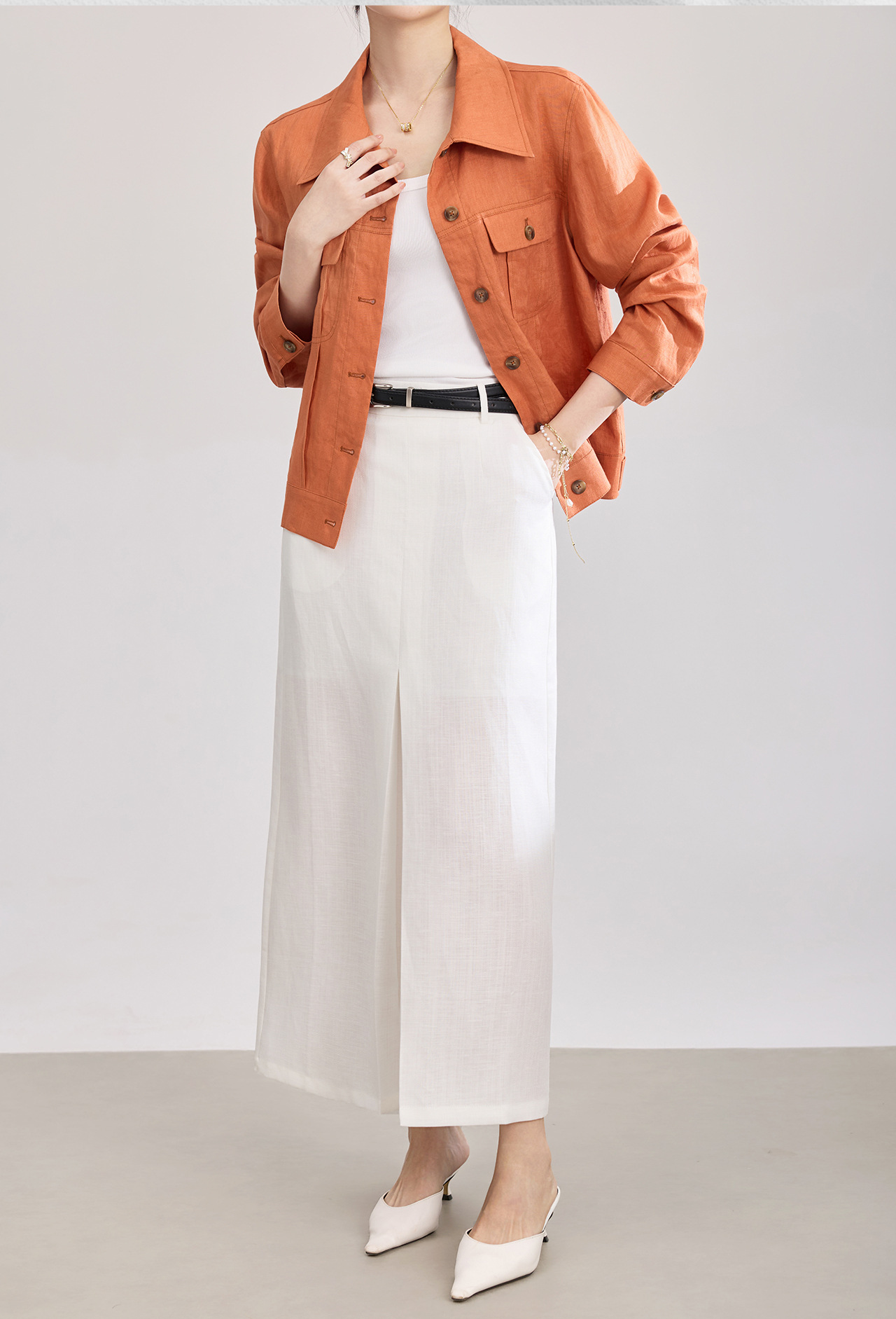 Chân váy xếp ly nữ cạp trung thấp, chất liệu tencel linen phối sọc răng cưa, xẻ tà — Xanh lông mòng đen chi tiết 2