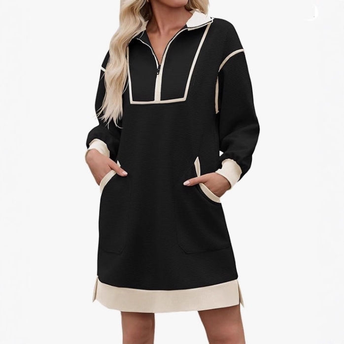 European and American Amazon Plus-Size Sweatshirt Dress with Half-Zip V-Neck, Long Sleeves, Color-Blocking, Autumn Casual Loose Dress European and American Amazon Plus-Size Sweatshirt Dress with Half-Zip V-Neck, Long Sleeves, Color-Blocking, Autumn Casual Loose Dress