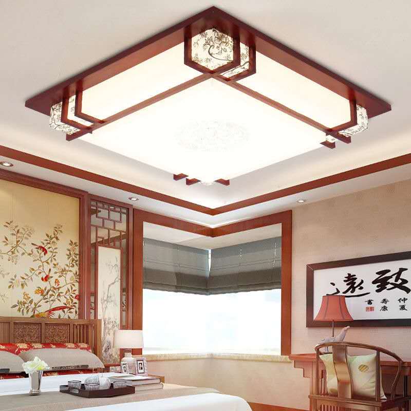 ✅led吸顶灯现代中式实木长方形客厅灯仿古羊皮灯木艺卧室房间灯