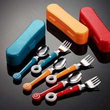 埃恩304不锈钢儿童叉勺糖果系列甜甜圈带收纳盒大小号母婴餐具316