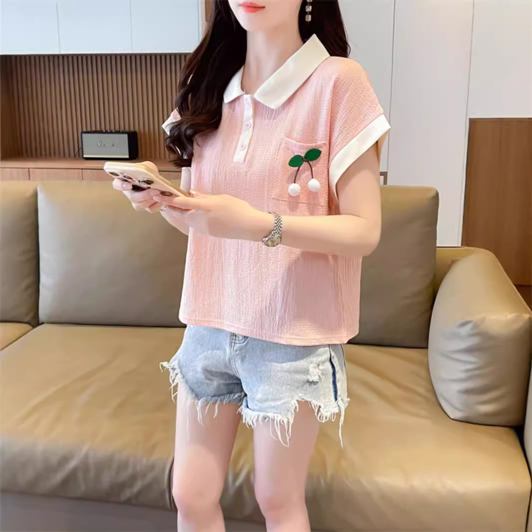 Tops de cuello de polo de bolsillo de color de contraste de textura de gran tamaño para mujer 2024 verano nuevo estilo suelto y delgado camiseta de manga corta para mujer