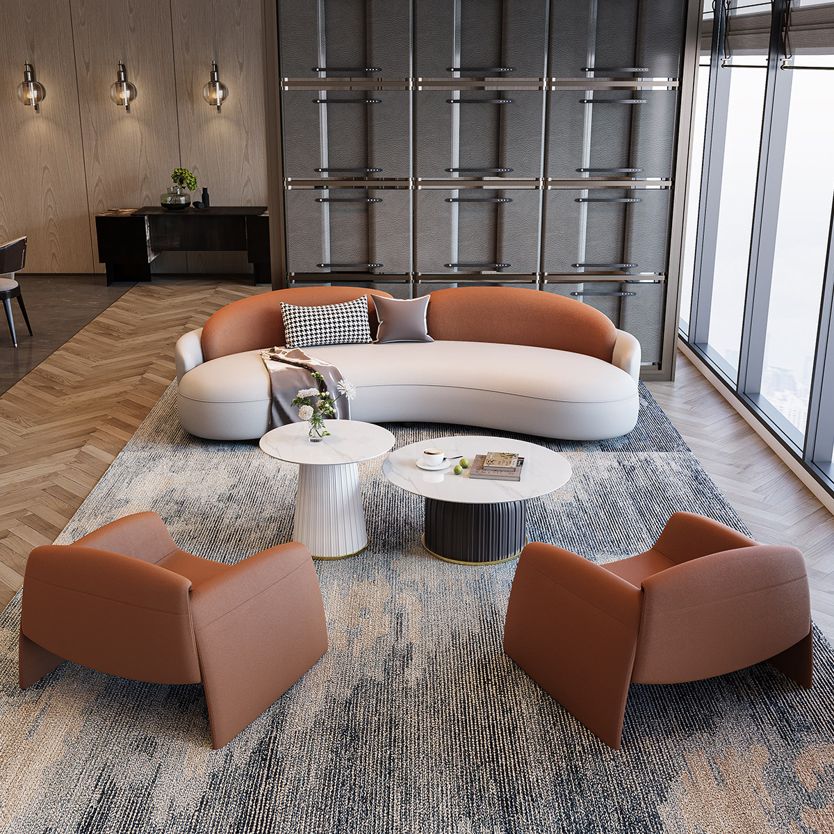 División de ventas para negociar sofá de lujo ligero sala de estar hotel lobby recepción oficina de recepción sofá mesa de té combinación image 1