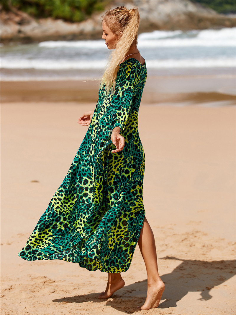 224g Weight Sunscreen Shirt Outerwear Type 3/4 Length Sleeve Sleeve Length Polyester Fabric Type Long Top Length V Neck Neckline Printing, Leopard Pattern Spring&Summer Season Women's Gender Vacation, Beach Style Women's Printing Leopard Vacation Beach Cover Ups 110